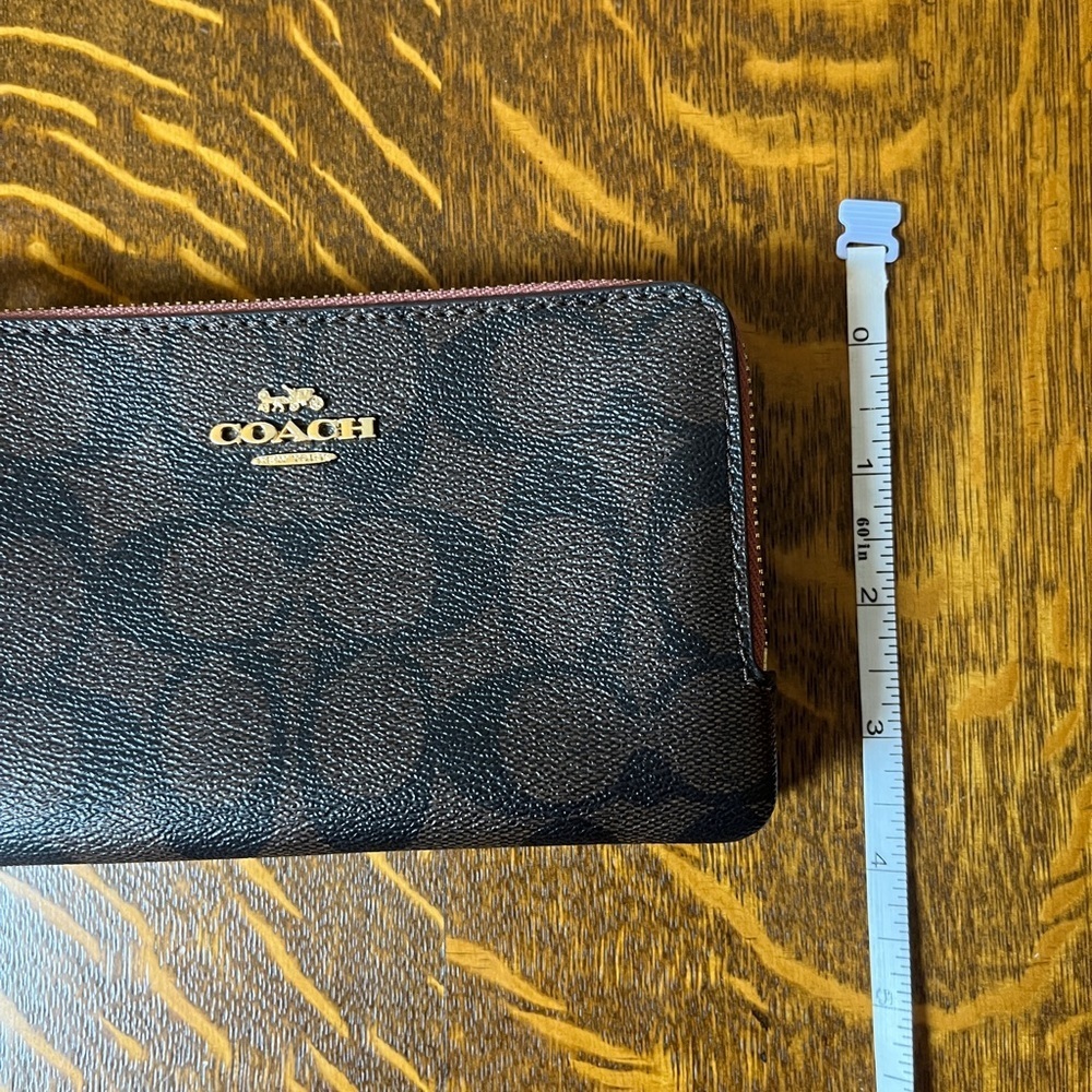 Coach Dark Brown Signature C Coated Canvas Double Zip Pink Leather Wristlet - Picture 8 of 8